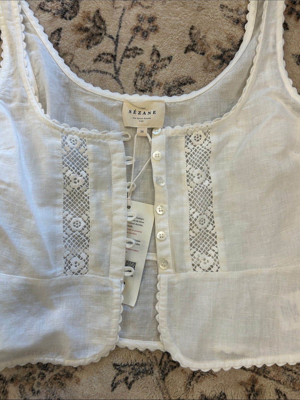 Sézane White Linen Lace-Trim Tank Top - Picture 4 of 8